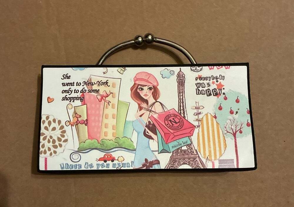 Nicole Lee NYC Shopping Print Rectangular Metal Clutch Handbag - Picture 3 of 5